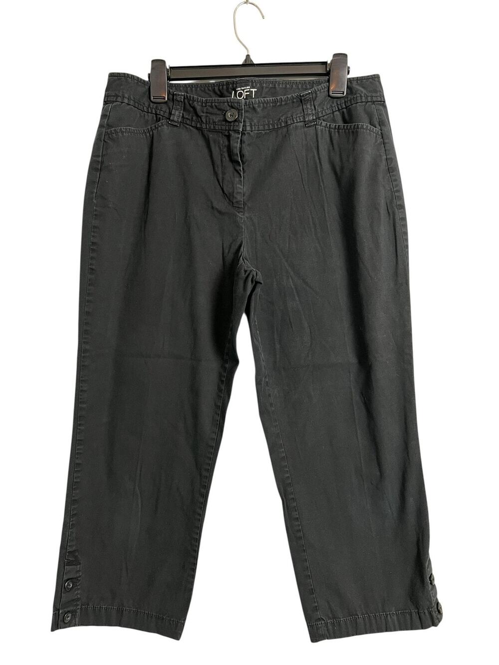 Ann Taylor LOFT Original Crop Pants Womens 12 Black Twill Button Hem Casual